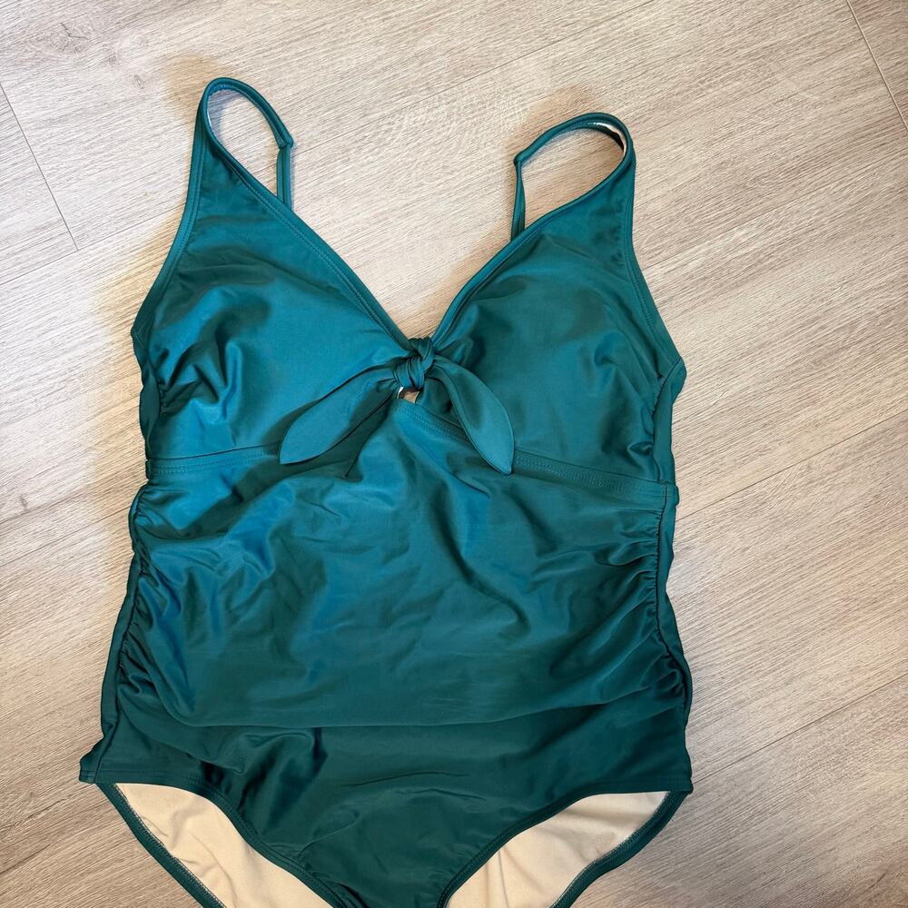 Kona Sol Women's XL Green Tie-Front Ruched One Piece Swimsuit Full Coverage - Picture 2 of 12